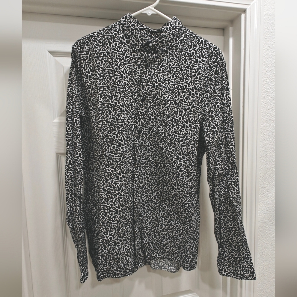 White Black Elephant Abstract Pattern Print Cotton Button Up Long Sleeve Shirt